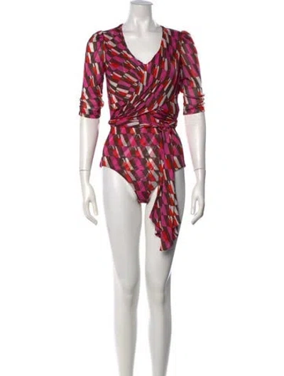 Pre-owned Diane Von Furstenberg Printed V-neck Bodysuit In Purple