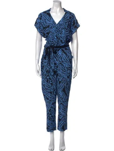 Pre-owned Diane Von Furstenberg Printed V-neck Jumpsuit In Blue