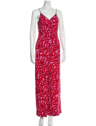 Pre-owned Diane Von Furstenberg Printed V-neck Jumpsuit In Red