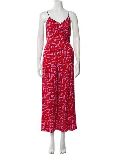 Pre-owned Diane Von Furstenberg Printed V-neck Jumpsuit In Red