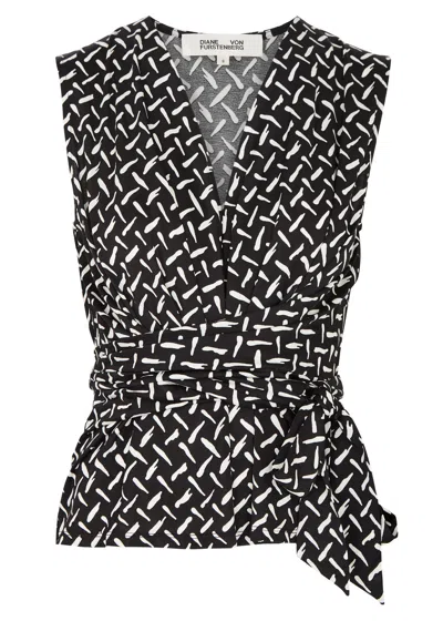 Diane Von Furstenberg Rachael Printed Jersey Wrap Top In Black