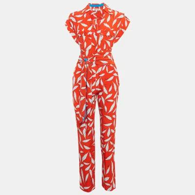 Pre-owned Diane Von Furstenberg Red Benji Print Crepe Tie-up Detail Jumpsuit S
