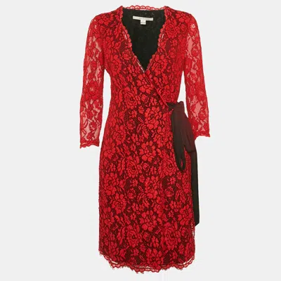 Pre-owned Diane Von Furstenberg Red Floral Lace Julianna Wrap Dress M