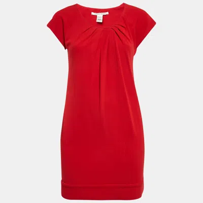 Pre-owned Diane Von Furstenberg Red Jersey Pleated Mini Dress Xs