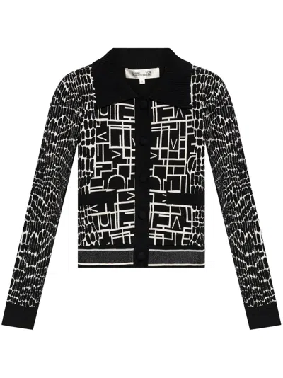 Diane Von Furstenberg Riva Knitted Jacquard Cardigan In Dvf Logo/leopard Black