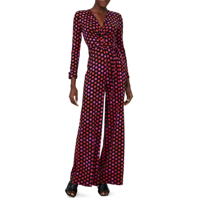 Diane Von Furstenberg Rose Marie Print Tie Waist Long Sleeve Jumpsuit In Magic Dot Berry Red