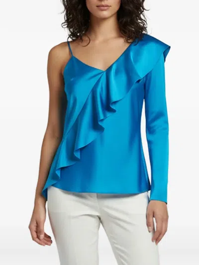 Pre-owned Diane Von Furstenberg Ruffle One-shoulder Top In Blue