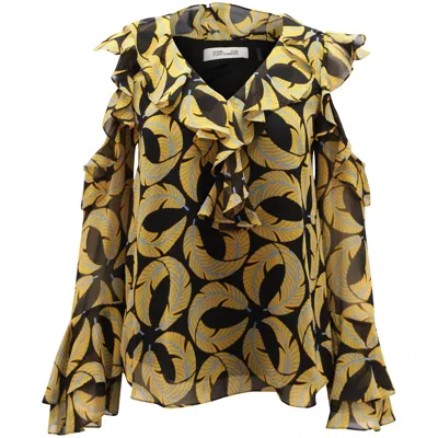 Diane Von Furstenberg Ruffled Blouse With Cut Out Shoulder Bell Sleeves In Multicolor Polyester