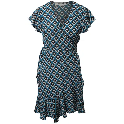 Diane Von Furstenberg Ruffled Cubic Print Wrap Dress In Blue Viscose