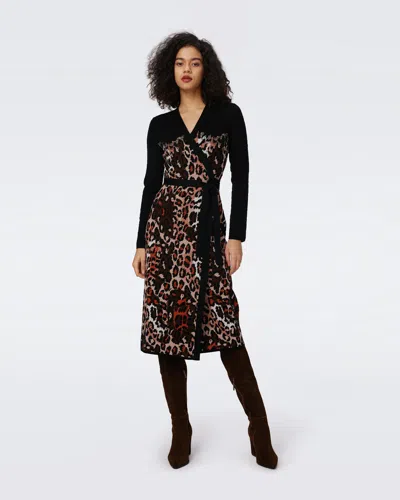 Diane Von Furstenberg Savannah Knit Jacquard Wrap Dress By  In Size Xl In Jungle Cat Sm Black