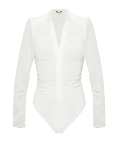 Diane Von Furstenberg Semi-sheer V-neck Ruched Bodysuit In White