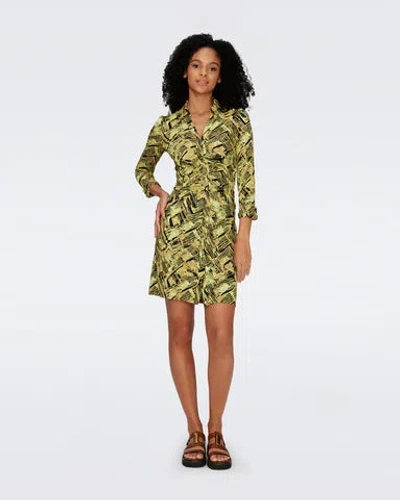 Diane Von Furstenberg Sheska Ruched Printed Jersey Dress In Chartreuse