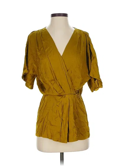 Pre-owned Diane Von Furstenberg Short Sleeve Silk Top Gold Plunge Neckline Tops