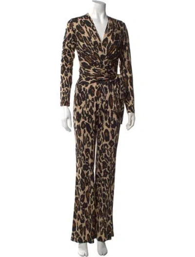 Pre-owned Diane Von Furstenberg Silk Animal Print Jumpsuit W/ Tags In Neutral