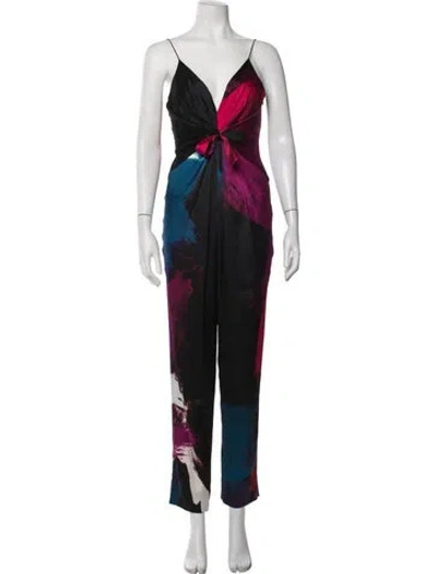 Pre-owned Diane Von Furstenberg Silk Colorblock Pattern Jumpsuit In Black