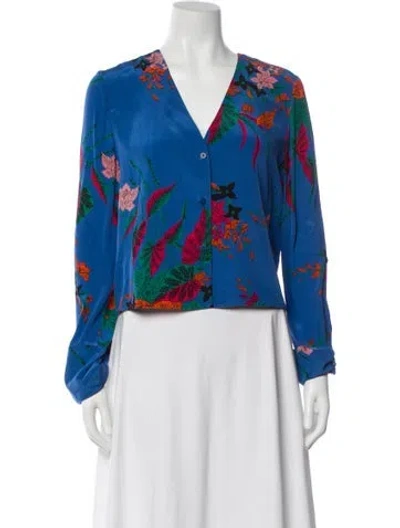 Pre-owned Diane Von Furstenberg Silk Floral Print Blouse In Blue