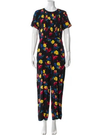 Pre-owned Diane Von Furstenberg Silk Floral Print Jumpsuit In Black