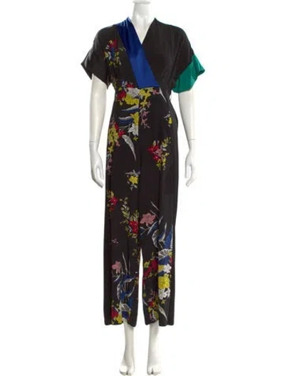 Pre-owned Diane Von Furstenberg Silk Floral Print Jumpsuit In Black