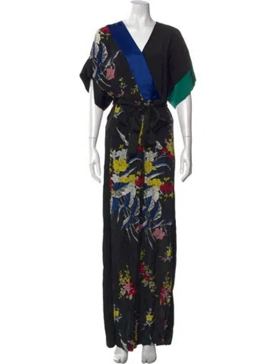 Pre-owned Diane Von Furstenberg Silk Floral Print Jumpsuit In Black