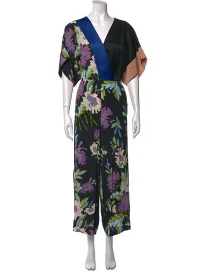 Pre-owned Diane Von Furstenberg Silk Floral Print Jumpsuit In Black