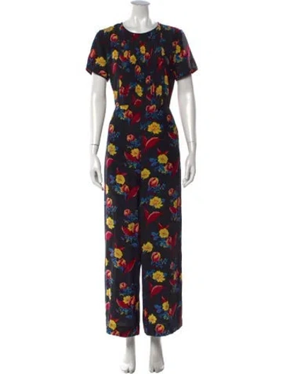 Pre-owned Diane Von Furstenberg Silk Floral Print Jumpsuit In Black