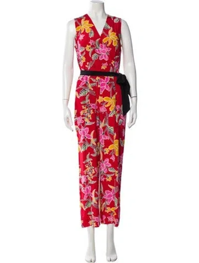 Pre-owned Diane Von Furstenberg Silk Floral Print Jumpsuit In Red
