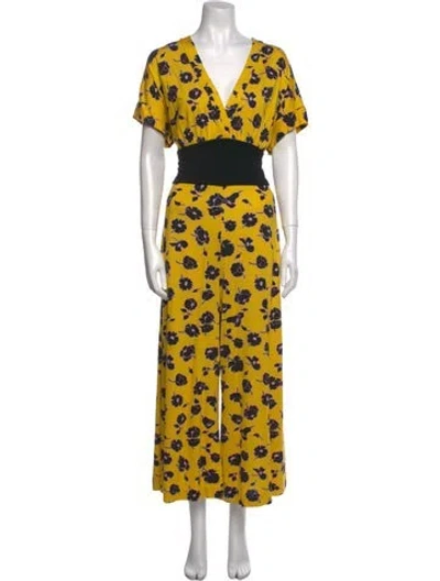 Pre-owned Diane Von Furstenberg Silk Floral Print Jumpsuit In Yellow