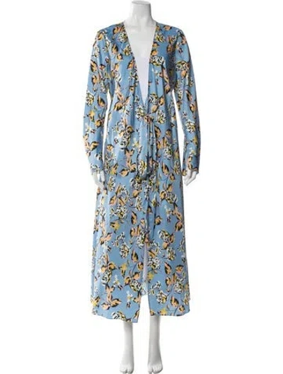 Pre-owned Diane Von Furstenberg Silk Floral Print Robe In Blue