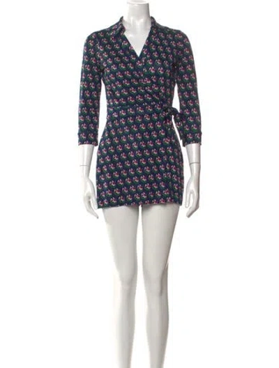 Pre-owned Diane Von Furstenberg Silk Floral Print Romper In Blue