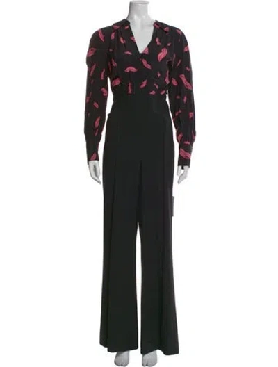 Pre-owned Diane Von Furstenberg Silk Graphic Print Jumpsuit In Black