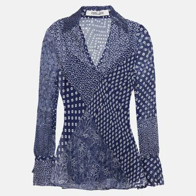 Pre-owned Diane Von Furstenberg Silk Long Sleeved Top 8 In Blue