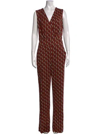 Pre-owned Diane Von Furstenberg Silk Patterned Jumpsuit In Burgundy