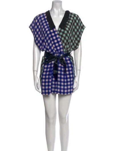 Pre-owned Diane Von Furstenberg Silk Plaid Print Romper In Blue