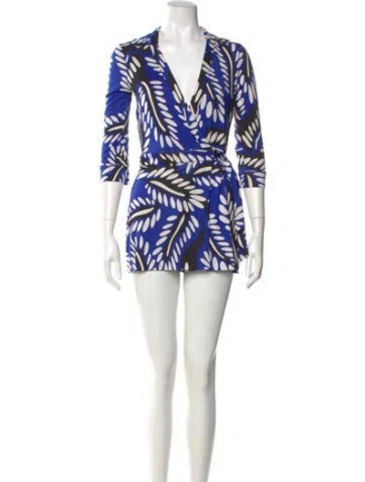 Pre-owned Diane Von Furstenberg Silk Printed Romper In Blue