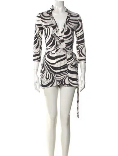 Pre-owned Diane Von Furstenberg Silk Printed Romper In White