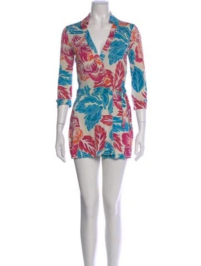 Pre-owned Diane Von Furstenberg Silk Printed Romper In White