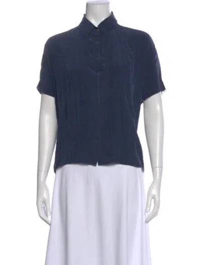 Pre-owned Diane Von Furstenberg Silk Short Sleeve Button-up Top In Blue