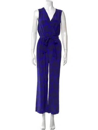 Pre-owned Diane Von Furstenberg Silk V-neck Jumpsuit In Blue