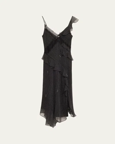 Diane Von Furstenberg Sloane Pinstripe Script Ruffle Silk Midi Dress In Black