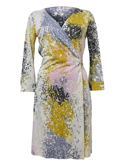 Pre-owned Diane Von Furstenberg Splatter-print Wrap Midi Dress In White