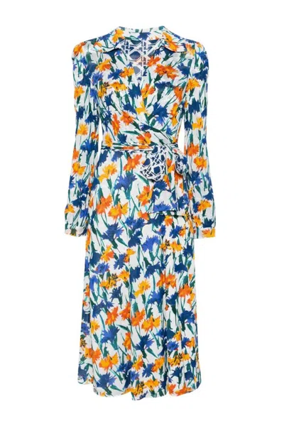 Diane Von Furstenberg Statement Wrap Dress With Floral Print And Tie Detail In Multi