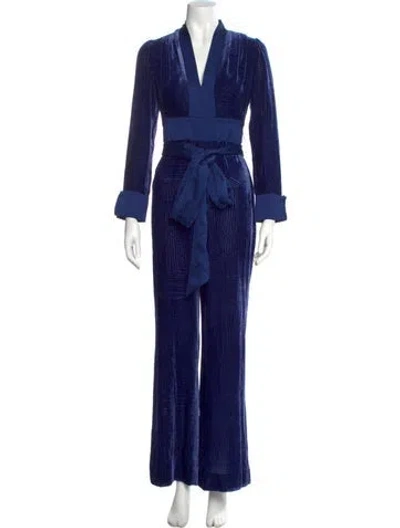 Pre-owned Diane Von Furstenberg Striped V-neck Jumpsuit In Blue