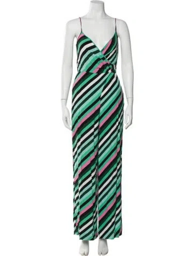 Pre-owned Diane Von Furstenberg Striped V-neck Jumpsuit In Green