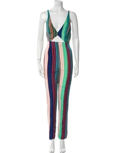 Pre-owned Diane Von Furstenberg Striped V-neck Jumpsuit In Multi