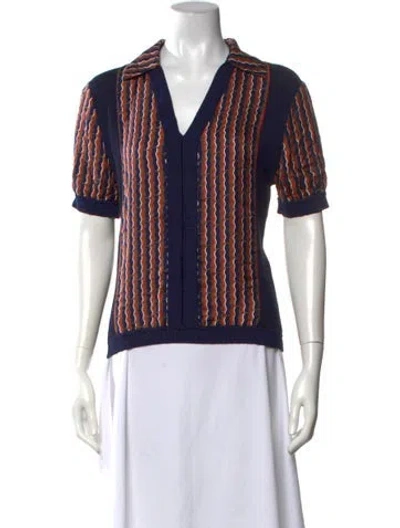 Pre-owned Diane Von Furstenberg Striped V-neck Polo In Blue