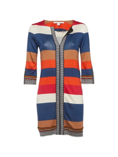 Pre-owned Diane Von Furstenberg Striped V-neck Silk Mini Dress In Blue