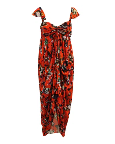 Diane Von Furstenberg Sweetheart Neckline Draped Floral Dress In Orange Nylon
