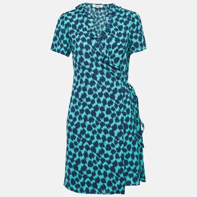 Pre-owned Diane Von Furstenberg Teal Blue Leopard Print Crepe Wrap Dress S