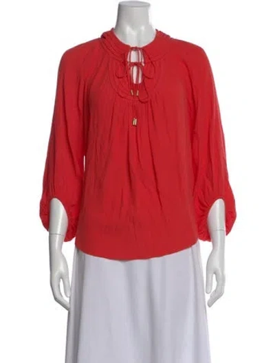 Pre-owned Diane Von Furstenberg Tie Neck Three-quarter Sleeve Blouse In Red