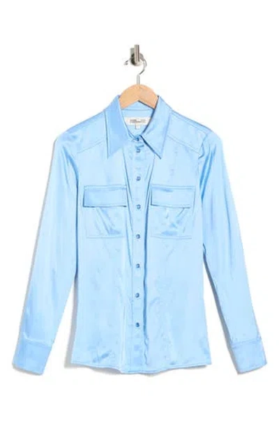 Diane Von Furstenberg Toni Long Sleeve Snap Front Satin Shirt In Blue